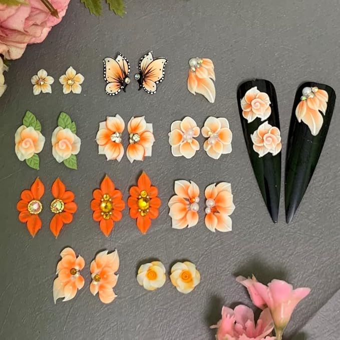 3D Acrylic Flower Nail Art Charms Handmade by Acrylic Powder - 15 colors, 24pcs Flowers Nail Rhinestones Kit 3D Crystal Nail Pearls Flat Design Acrylic Nail Art for Women Girls (Orange)