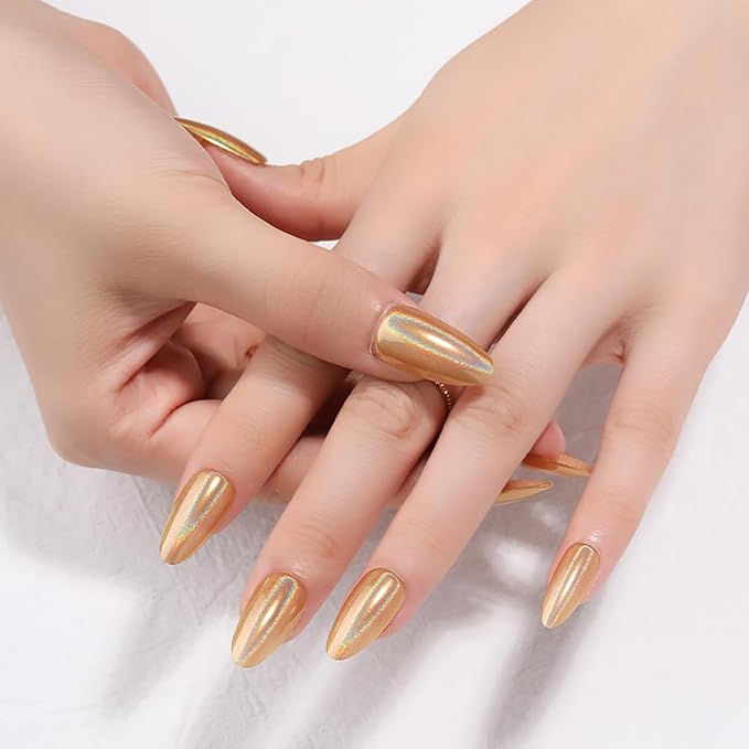 24Pcs Gold Holographic Acrylic Press on Nails Short Almond - Reusable Fake Nails with Nail Glue Kit, Long Lasting Chameleon Static Nails for Women Daily Wear & Parties (Glossy Laser Design)