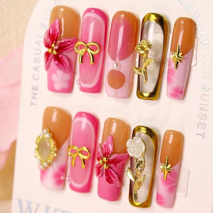 Handmade Press on Nails Long Square Fake Nails French False Nails with Golden Rose & 3D Flower Luxury Pearl Bow Thickened Acrylic Nails Design Full Cover Flower Press on Nail for Women Nail Art（S)