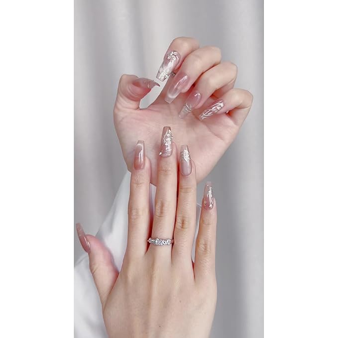 Nude Press-on Nails, Long Ballerina Shape, Gold Floral Design with Pearls, Handmade False Nail 10 Pieces (XS, LB)