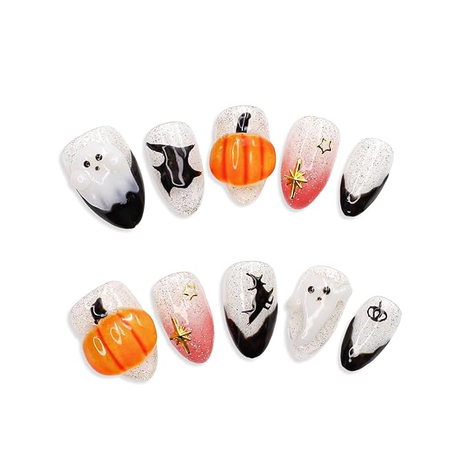 Halloween Press on Nails Handmade 3D Cute Little Ghost & Pumpkin Fake Nails Design Muti-Layer Gel Acrylic Nail Glitter Stick on Nails Full Cover Short Almond Black French False Nail for Women (Size S)