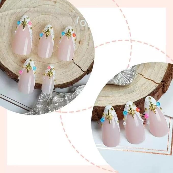Press on Nails - Medium Almond Glue on Nails - Colorful Rhinestone Design Gold Star False Nails French Tip Stick on Nail Glossy Summer Fake Nail for Women Manicure 24Pcs