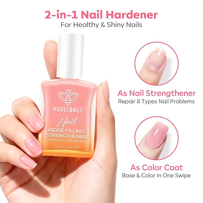 modelones Nail Strengthener and Growth Pink Nail Polish Scented Nail Repair for Damaged Nails Hardener Extra Strong and Growth for Women Nail Care Natural Concealer Foundation 15 Ml 0.5 Fl Oz