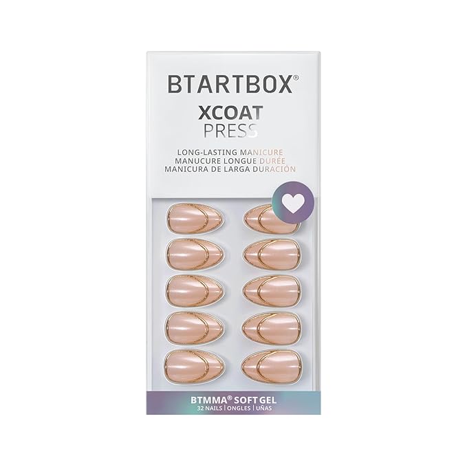 BTArtbox French Tip Press On Nails - Double Gold, Lamp-Curable 3D Gold Line Short Almond Press On Nails with Glue and Adhesive Tabs for Women in 16 Sizes - 32 Soft Gel Glue On Nails Kit