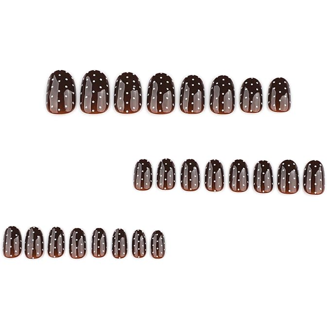 Brown Press on Nails Medium Oval MABKJLF Fake Nails False Nails with White Polka Dots Designs Glossy Glue on Nail Autumn Reusable Full Cover Acrylic Nails for Women Girls 24Pcs