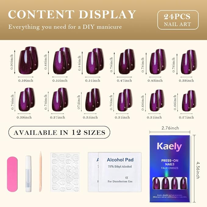 evpct Dark Purple Cat Eye Coffin Press on Nails Square Medium, Medium Square Stick on Nail for Women Gift, Dark Purple Metallic Glitter Glossy Reusable Soft Gel Press on Acrylic Fake Nail with Design