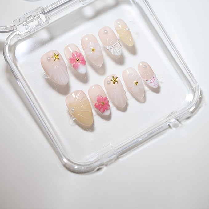 10 Short Almond Handmade Press On Nails | Coastal-Inspired 3D Floral & Starfish Nude & Pearl Accent False Nails,New styles | Skip Salon Trips, Easy to Apply & Remove, Reusable (251107, XS)