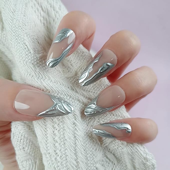 Long AlmondPress on Nails with Silver Foil Art Nude Base Fake Nails Stick on Nail for Women 24pcs