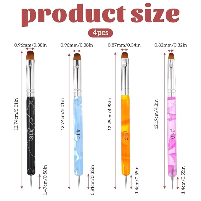 4 Pcs Gel Nail Brush French Gel Acrylic Nail Art Brush with Dotting Tool Extension Gel Brush Professional Manicure Tool for Nail Detailed Designs DIY Nail Salon (10# 12# 14# 16#)