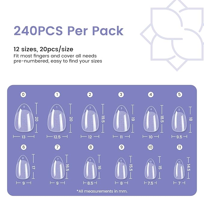 Extra Short Almond Nail Tips: 240Pcs Small Clear Almond Nails Soft Gel Fake Nail Tips for Nail Extension, 12 Sizes Full Cover Clear Press on Nails for Girls for Home DIY Salon
