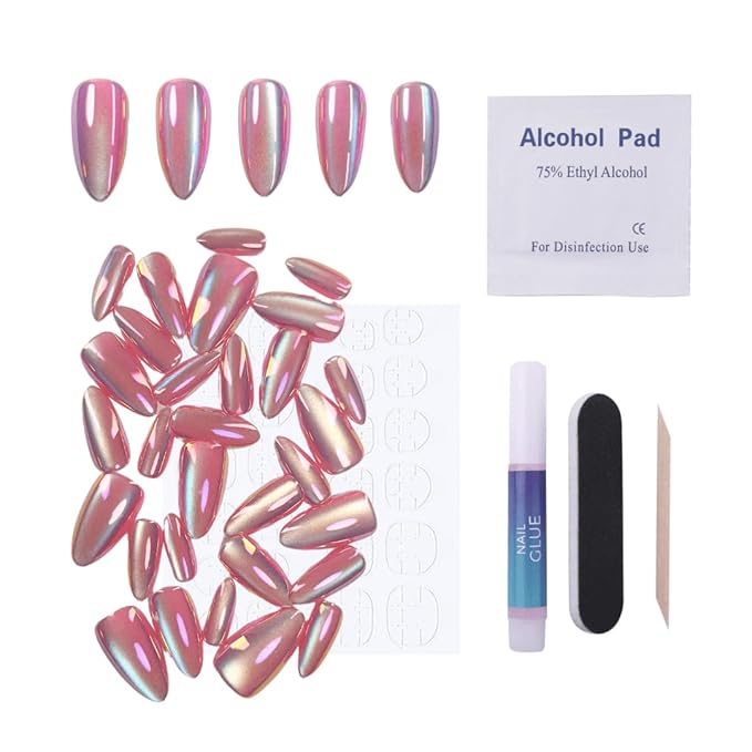 Maniology Press-On Nails Magnetic Angel | Medium Almond Shape Nail Tips – Fuchsia Pink Color Luminous Finish, Reusable, Durable & Easy Application, 30-Piece 15 Sizes False Nails Kit