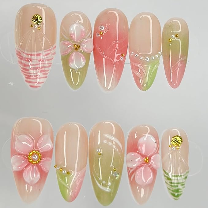 Luxury Press on Nails Medium Almond French Tip Handmade 3D Unique Reusable ABS Material Fake Nails Pink&Green False Nails with Designs Floral Art Petal Glossy Glue on Nails Thick Acrylic Nails(M)