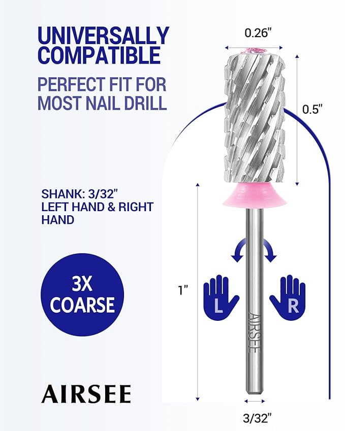 AIRSEE Tungsten Carbide Acrylic Nail Drill Bit Efile Electric File Machine Head Tip for Manicure Polishing Art Remove Gel 3/32" 2 Way Beginner Safety Pink Crystal Top Barrel 3X Coarse-3XC