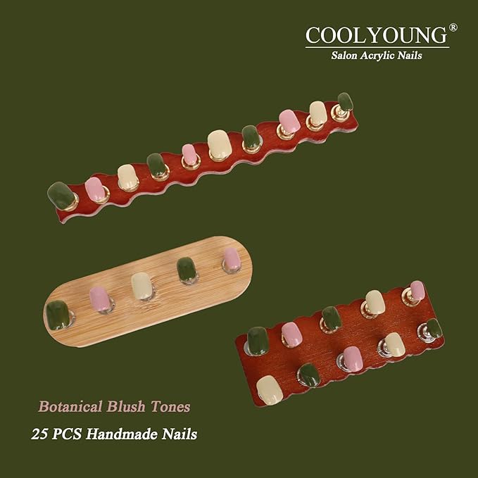 COOLYOUNG Press On Nails Short Square, Mixed Color - Pink, Beige, Green, 25 PCS Handmade Acrylic Fake Nails