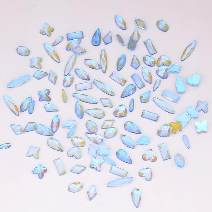 100pcs Aurora Blue ab Nail Art Rhinestones 10 Shapes Small Flatback Stones Mix Heart Butterfly Shaped Crystals Charms Accessory for Nail Decor Bulk Pack