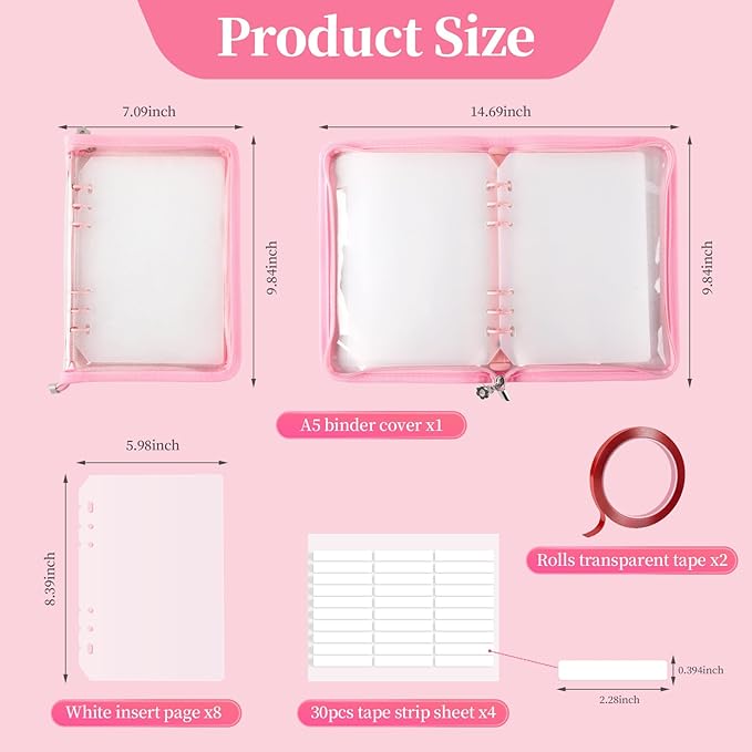 Press on Nail Organizer Binder Book, 8 A5-Sized Insert Pages & Double Sized Tape, Press on Nails Display Storage Book, Reusable Fake Nail Swatch Collecting Book (Pink)