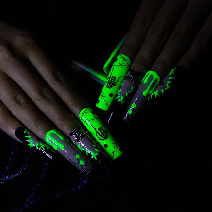 LOVFUL Press on Nails Halloween Luminous Lurker | Glow in the Dark | Handmade with Full Covered Crystals | Reusable Fake Nails | Square Mid length 1.7in | H339-M