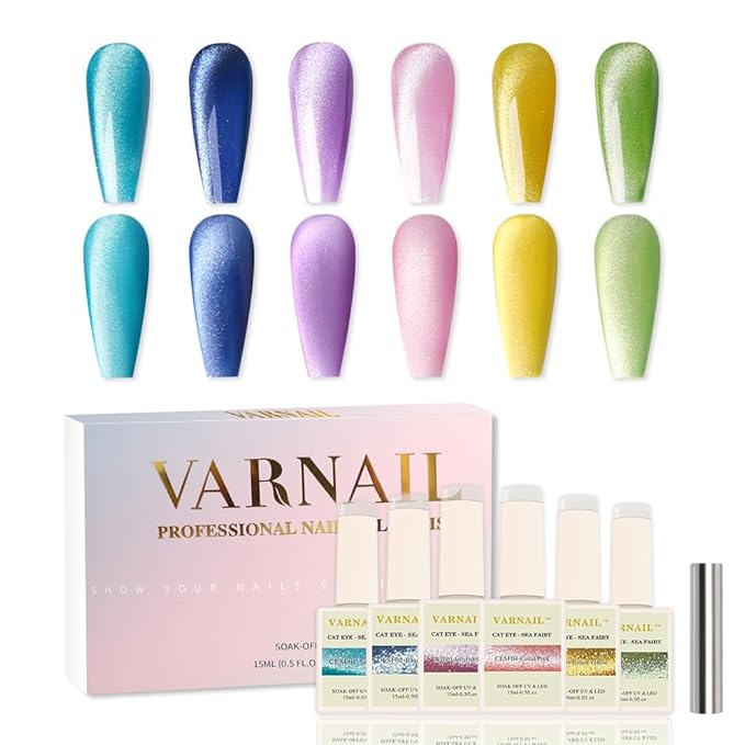 VARNAIL Sea Fairy Cat Eye Gel Polish Set 6 Colors, 15ML Pastel Color Cat Eye Nail Gel Polish with Magnet, Soak off UV Light Nail Polish Set, Salon Quality Magnetic Nail Polish