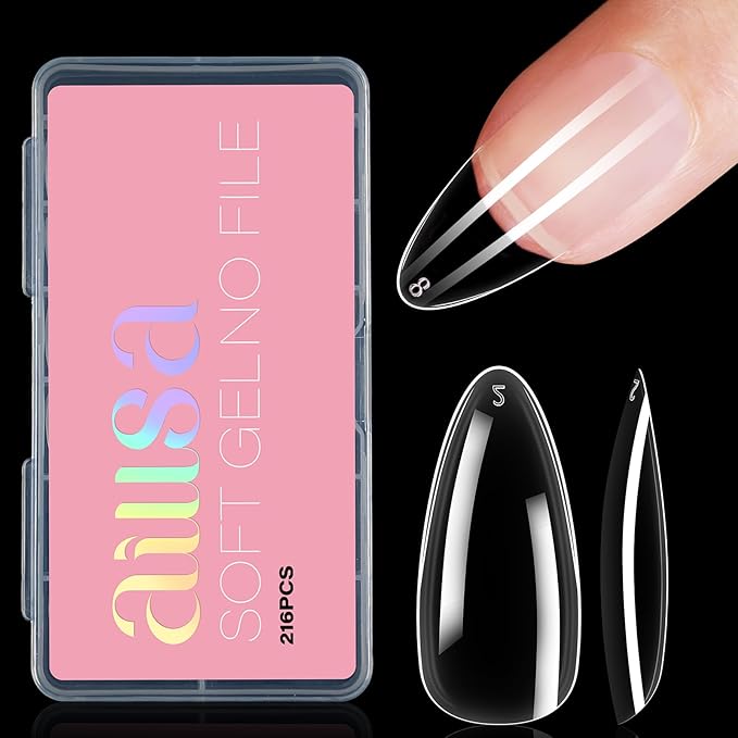 AILLSA Medium Almond Nail Tips Soft Clear Gel Nails Tips Preshaped Full Cover Nails Tip False Gelly Nail Tip for Nails Extension with Storage Box 216pcs 12 Sizes