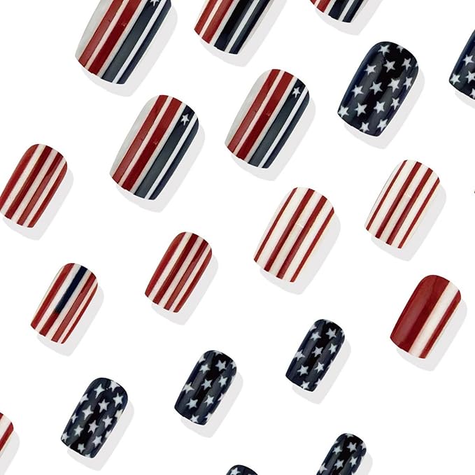 4th of July Press on Nails Medium Square MABKJLF Fake Nails False Nails with Stars Stripes Designs Full Cover Glossy Glue on Nails Blue Red White Acrylic Nails for Women Girls 24 Pcs