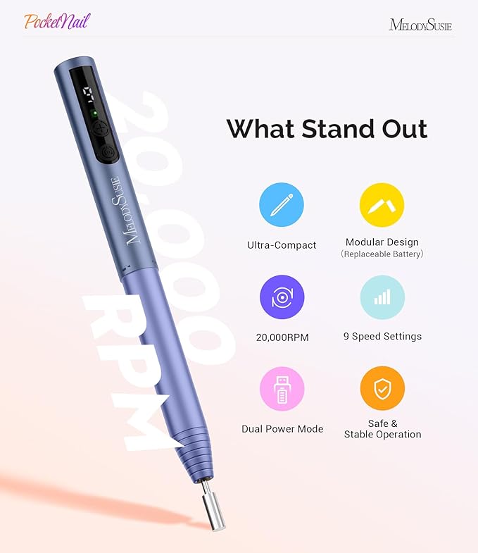 MelodySusie PocketNail Pen-Shaped Cordless Modular Nail Drill, Extended Kit, PC100GR 20000RPM Slim Portable Rechargeable Electric File for Nail Care & Gel Removal at Home for Beginners, Athens Blue