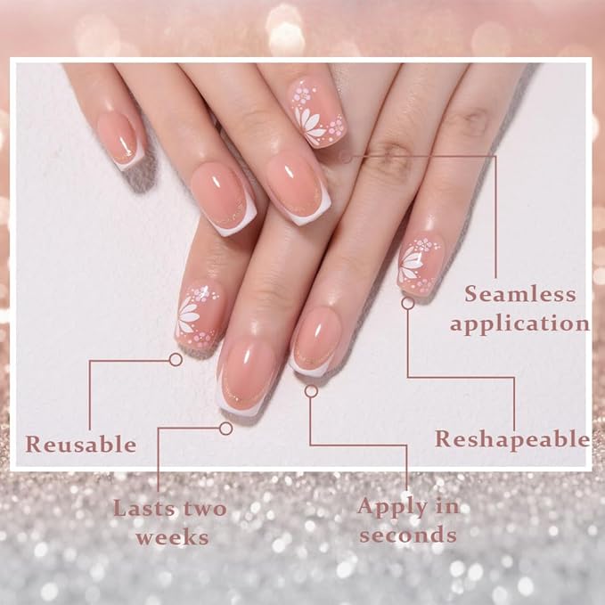 French White Gold Press On Nails, Short Square Acrylic Fake Nails with 3D Gold Line French Tip Floral Design, Natural Reusable Glue-On Nails Kit for Women DIY Nail Art Decoration Gift
