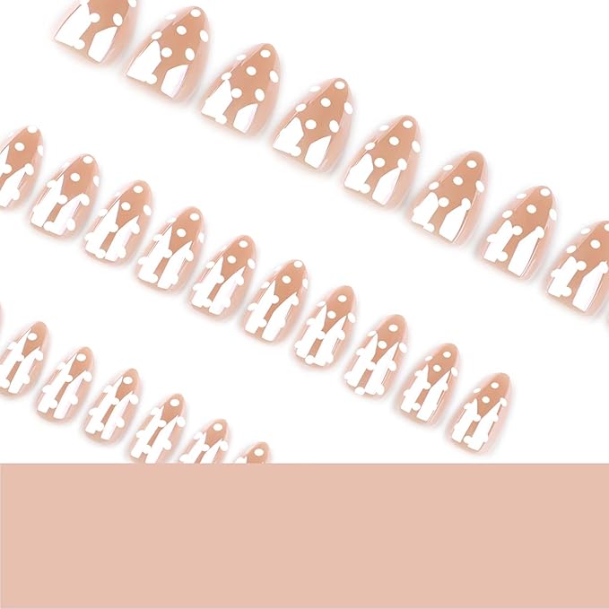 Chrome Polka Dot Press on Nails Short Almond Fake Nails Cute Nude Nails Press ons with White Dots Design,Full Cover Stick on Nails for Women Manicure,Reusable | Artificial | Easy Apply | 24Pcs