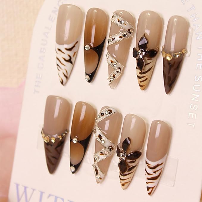 Luxury French Press on Nails Long Almond Handmade Nails with Glue,Brown False Nails with Flower Art Design Fall Nail Press ons Muti-Layer Gel Handmade False Nails for Women (Size S)