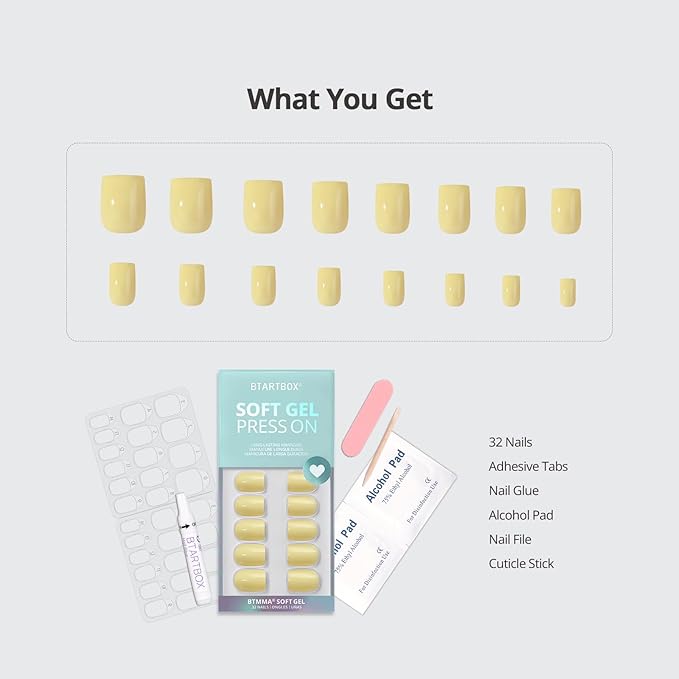 BTArtbox Press On Nails Short - Pastel Yellow Square Press On Nails with Glue for Women, Opaque Soft Gel Glue On Nails in 16 Sizes - 32 Stick On Nails Kit, Lemon Sprint