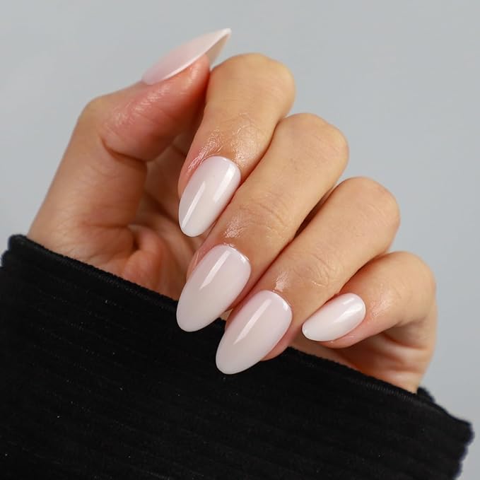Milky Pink Gel Press On Nails Almond 16 Sizes 32pcs Short Fake Manicure Glossy for Daily Wear, Nail Glue Included (Ivory)