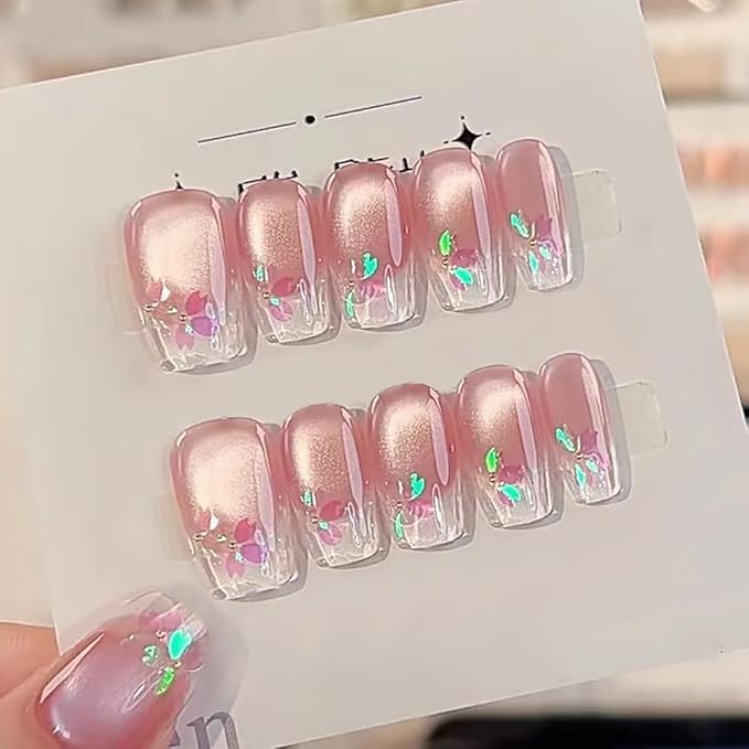Handmade Press on False Nails - Medium Coffin Nails, Pink Ombre French Tips with Cat Eye & Aurora Sakura Design, 10pcs Glossy Finished Reusable Gel Nails with Pearls Gift for Women (Size M)
