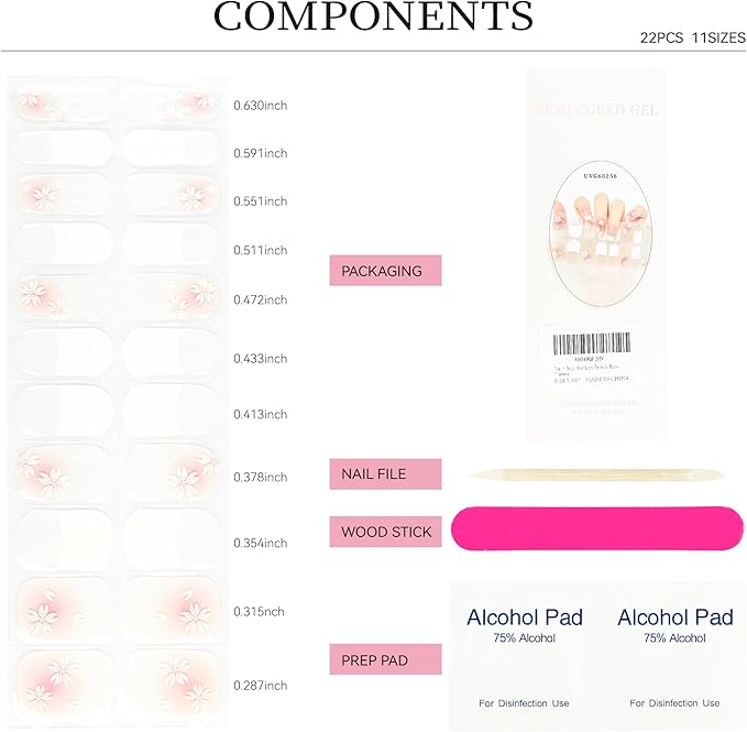 Semi Cured Gel Nail Strips White Flower French Tips Nail Strips with UV/LED Required Long Lasting Gel Nail Stickers for Spring Includes 22 Strips 2 Prep Pads, Nail File & Wooden Stick