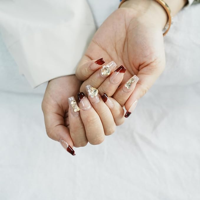 Valentine French Tip Press On Nails Red Short Coffin - Nude Base Gold Glitter with 3D Rhinestone Decor Handmade Nails for Wedding, Party, New Year (Wine Red Romance,M)