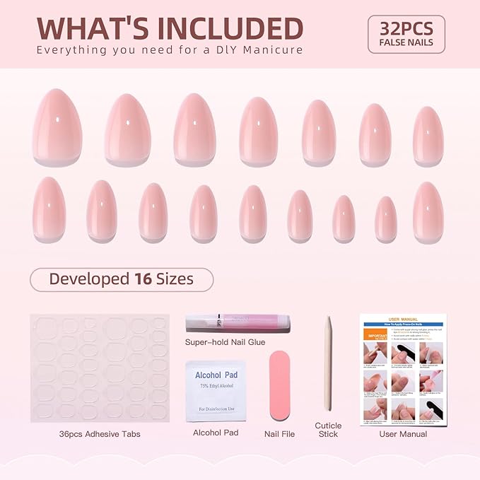 Light Pink Soft Gel Press on Nails Short Almond Fake Nails with Nails Glue False Nails Solid Color Designs Salon Quality Glossy Acrylic Nails Full Cover Thickened Stick on Nails for Women Manicure