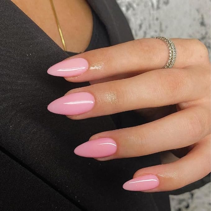 Pink Press On Almond Shaped Medium Length Stiletto False Nails, Soft Gel Artificial Reusable Neutral Acrylic Nails for Women Girls