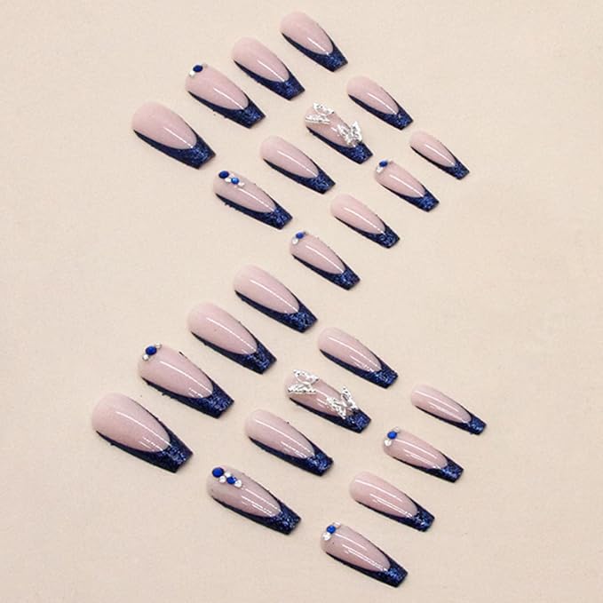 Long Press on Nails Square French Fake Nails Full Cover Nude Acrylic False Nails for Women and Girls 24PCS (Blue Butterfly)