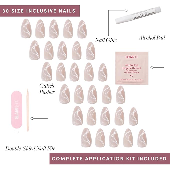 Glamnetic x GLAMZILLA Press On Nails - WOO-MAN! | Gray Short Almond Fake Nails with Velvet Cat Eye, Salon Quality, Everyday | 15 Sizes - 30 Nail Kit with Glue