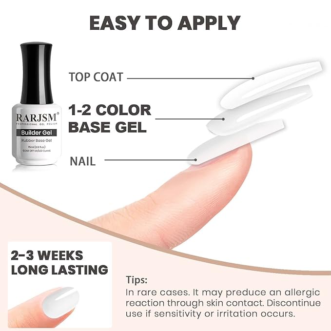 RARJSM Rubber Base Milky White,Builder Extension Gel Builder Soft White,Rubber Base Coat Gel Nail Polish 15ml Natural White Nail Strengthener Soak Off Curing Requires 1 Bottle for Home Salon DIY