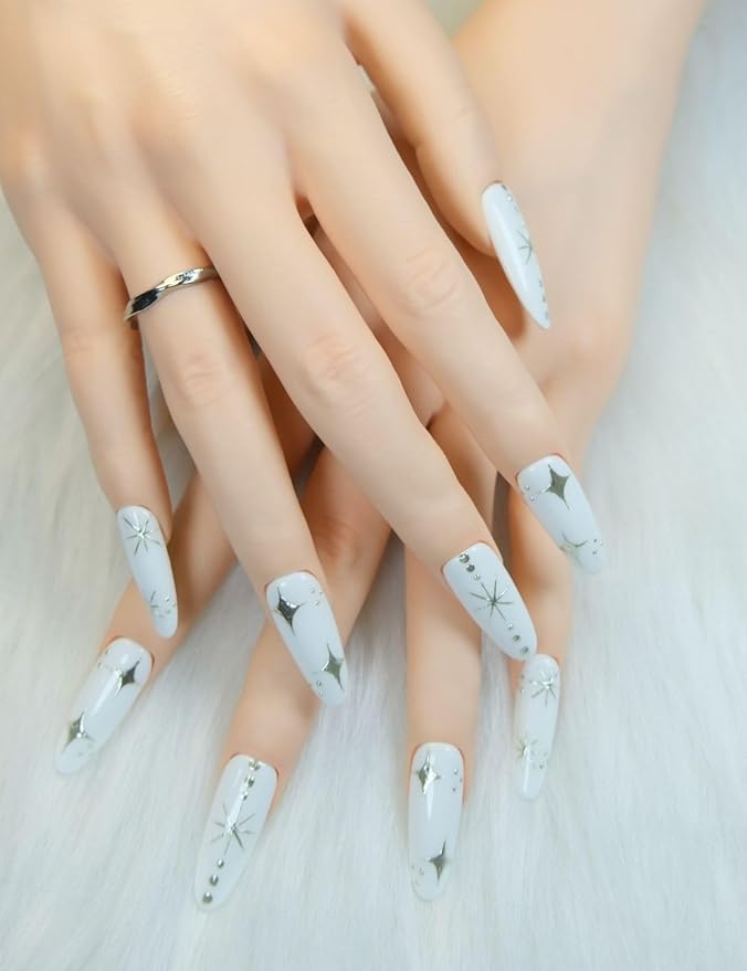 Long Press On Nails Squoval Fake Nails Handmade False Nails White Star Rhinestones Hand-Painted Nail Charms With Designs,Acrylic Nail Kit Gel Nails,Reusable Stick on Nails for Women 10pcs M