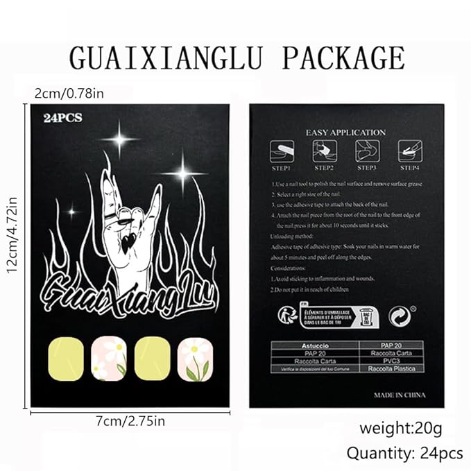 24Pcs Short Press on Nails Square Shaped Fake Nails Yellow Flower False Nails for Women Cute Glossy Stick on Nail Reusable Artificial Acrylic Nail Summer Glue on Nails Manicure Kit
