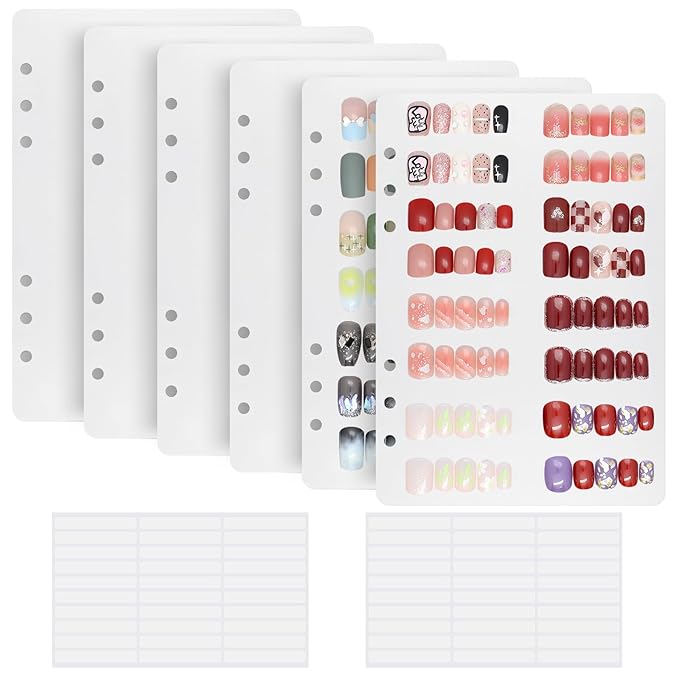 KEIFIN 6 PCS Blank Refill Sheets for Press On Nail Storage Organizer Binder A5 Plastic Insert Pages for Fake Nail Swatch Container Book Polish Color Display Holder with 60 Pcs Tape Strips (WHITE)
