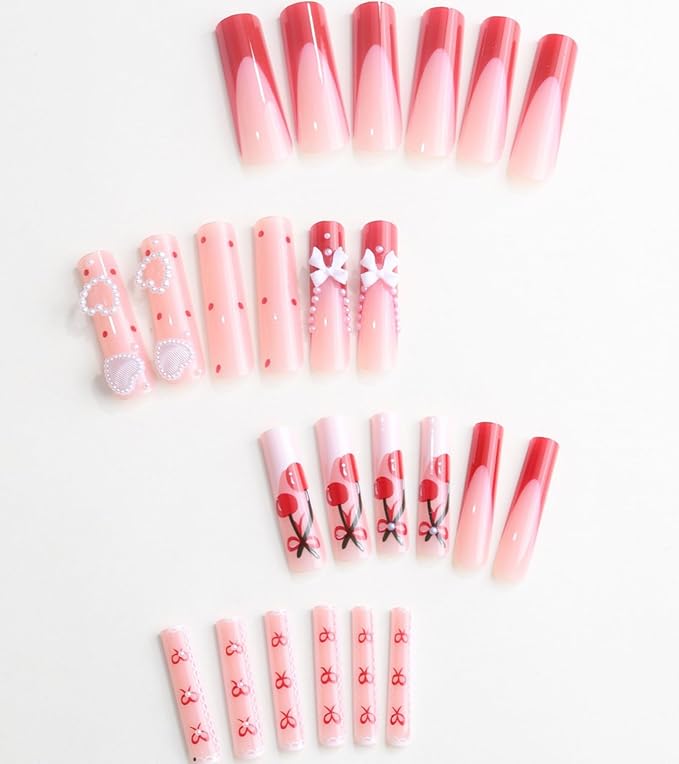 Press on Nails Square - Extra Long Fake Nails with 3D Heart and Bows, Red French Tips White False Nail with Glue Sticker, Stick On Nails for Women, 12 Sizes - 24 Nail Kit, Scarlet Cherry