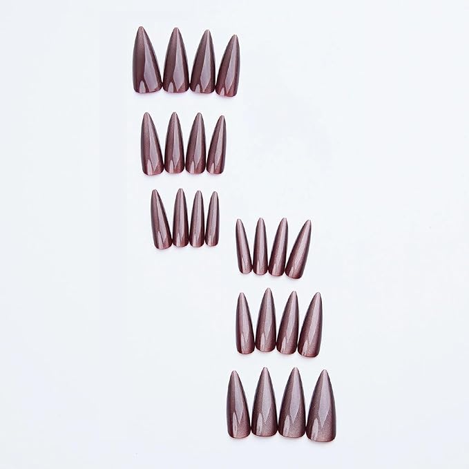 MISUD Press on Nails - Long Stiletto Fake Nails, Acrylic Fall Brown Cat Eye Design 24 pcs