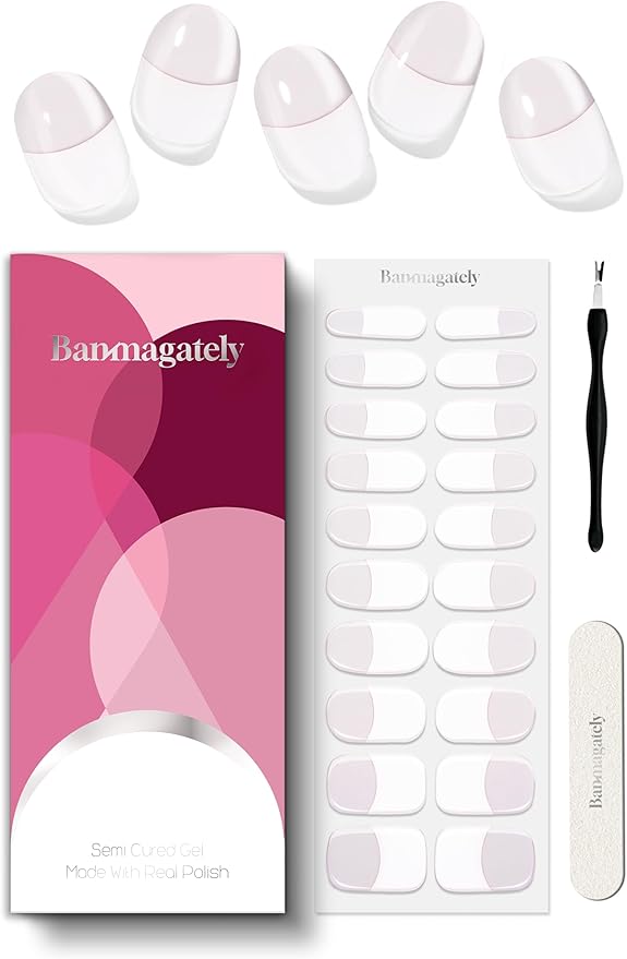 Semi Cured Gel Nail Strips, 20Pcs Long Lasting Salon Quality Wraps, Easy Apply & Remove Gel Nail Stickers with UV Light (Silk Tip White)