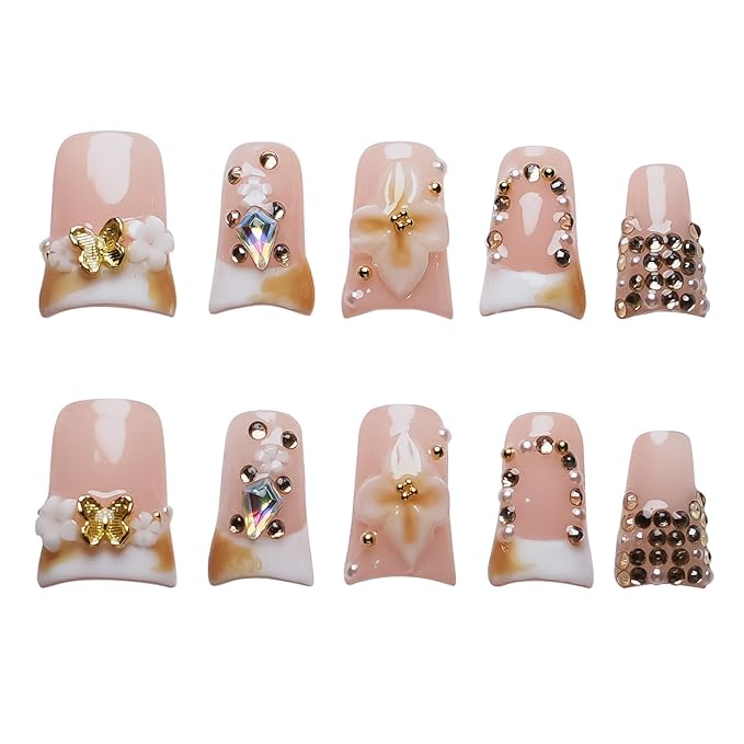 Short Duck Press on Nails Handmade 3D Flowers Butterflies Designs Nude Pink False Nails White French Tip Thick Acrylic & Muti-Layer Stick on Nails for Women Nails Art(Sunflowers,S)