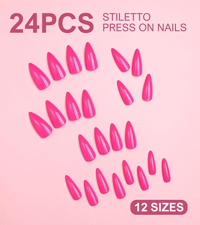 Morily 24Pcs Press on Nails Medium Hot Pink Fake Nails Stiletto Glossy False Nail Tips Artificial Full Cover Stick on Nails for Women