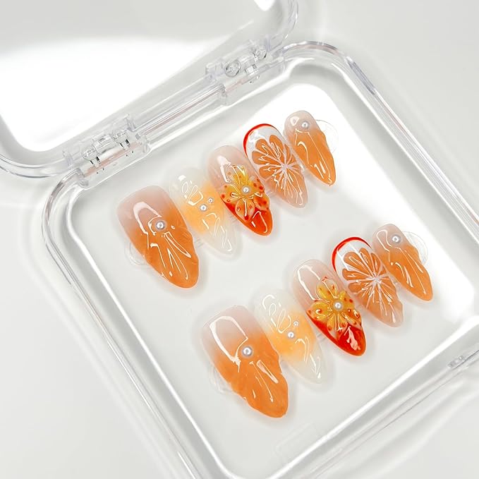 Luxury Press on Nails Medium Almond Handmade 3D Unique Reusable ABS Material Fake Nails Orange False Nails with Designs Pearls Floral Art Petal Glossy Glue on Nails Thick Acrylic Nails(M)