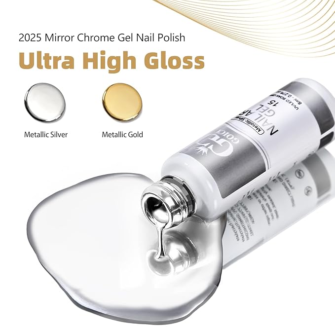 Metallic Gel Nail Polish Gold Gel Liner For Nail Art Chrome Silver Nail Polish 8ml 2 PCS 3D Mirror Chrome Effect Painting with Thin Brush French Nail Design Curing Requires (Metallic Sliver Gold)