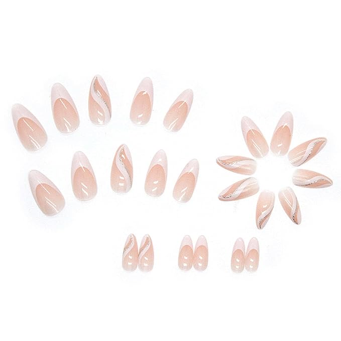 French Tip Press on Nails Almond Medium Fake Nails White French Tip False Nails with Glitter Swirl Design Glossy Full Cover Acrylic Glue on Nail Artificial Stick on Nails for Women Manicure 24Pcs