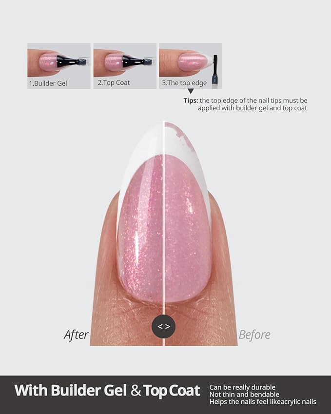BTArtboxnails Shimmering French Tip Nails - 96Pcs Sparkling Pink Base Extra Short Press On Nails, Requires Nail Lamp & Top Coat, 16 Sizes Full Set for Wedding